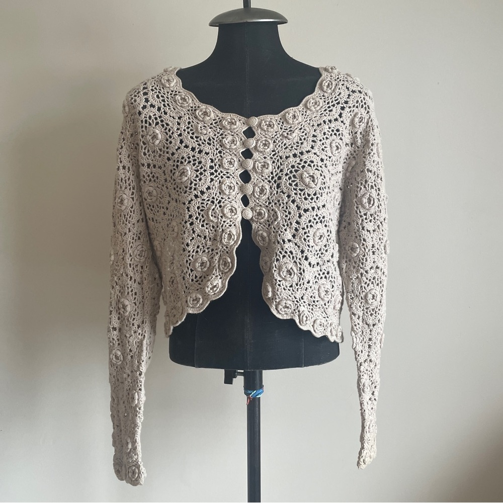 Vintage Tristan & Iseut Cropped Crochet Cardigan 100% Cotton size medium
